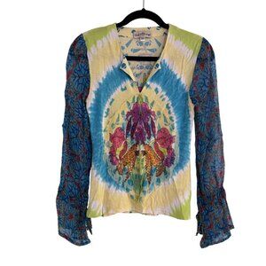 Paola Poggi Italy Womens Y2K Beaded Floral Print Sheer Long Sleeve Top Size 34